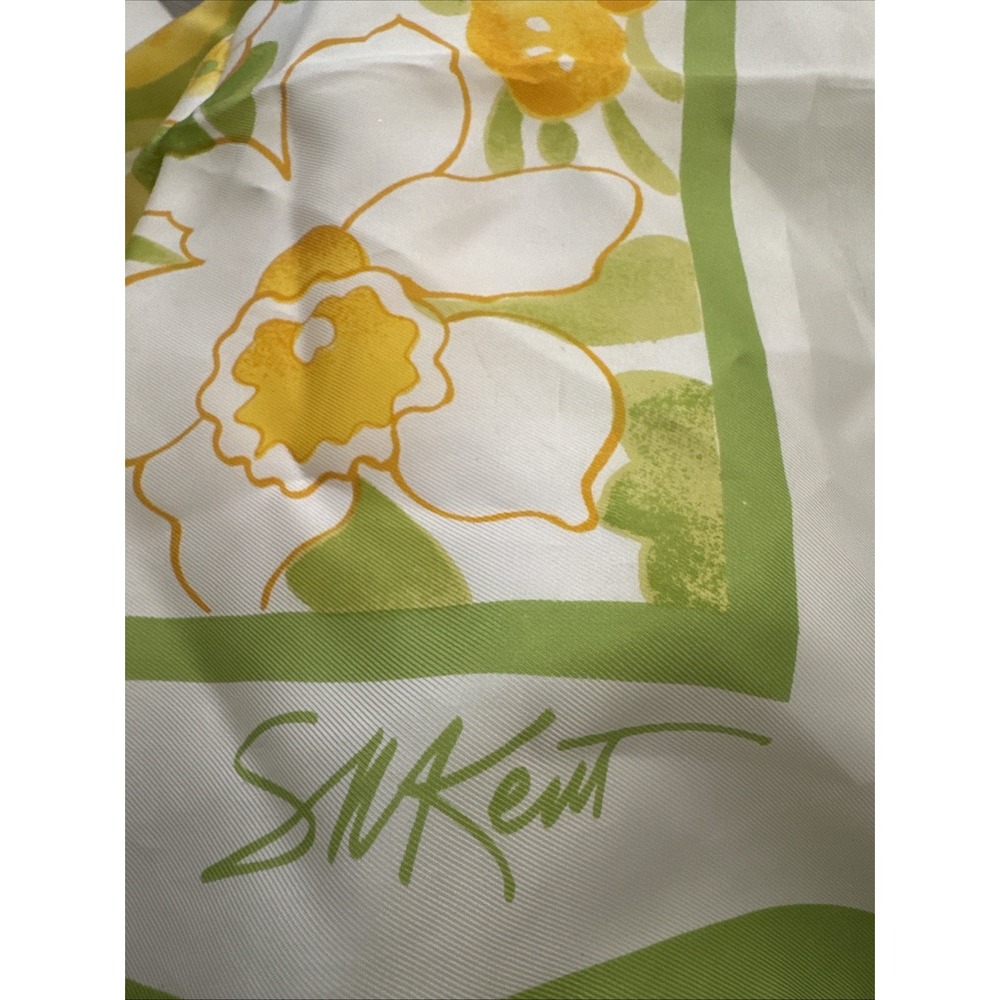 Avon Scarf Floral Yellow Green White SM Kent Signed Square 27" Spring Flowers